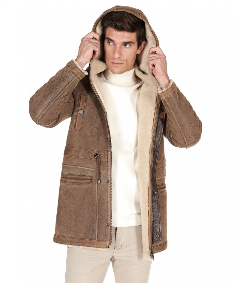 Men shearling leather jacket taupe D\'Arienzo Thomas | color