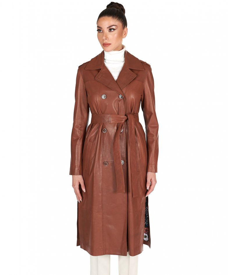 Hazel - Tan natural leather double-breasted coat both sides rips