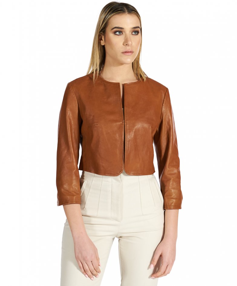 Women's leather short jacket roundcollar vintage leather tan Miss