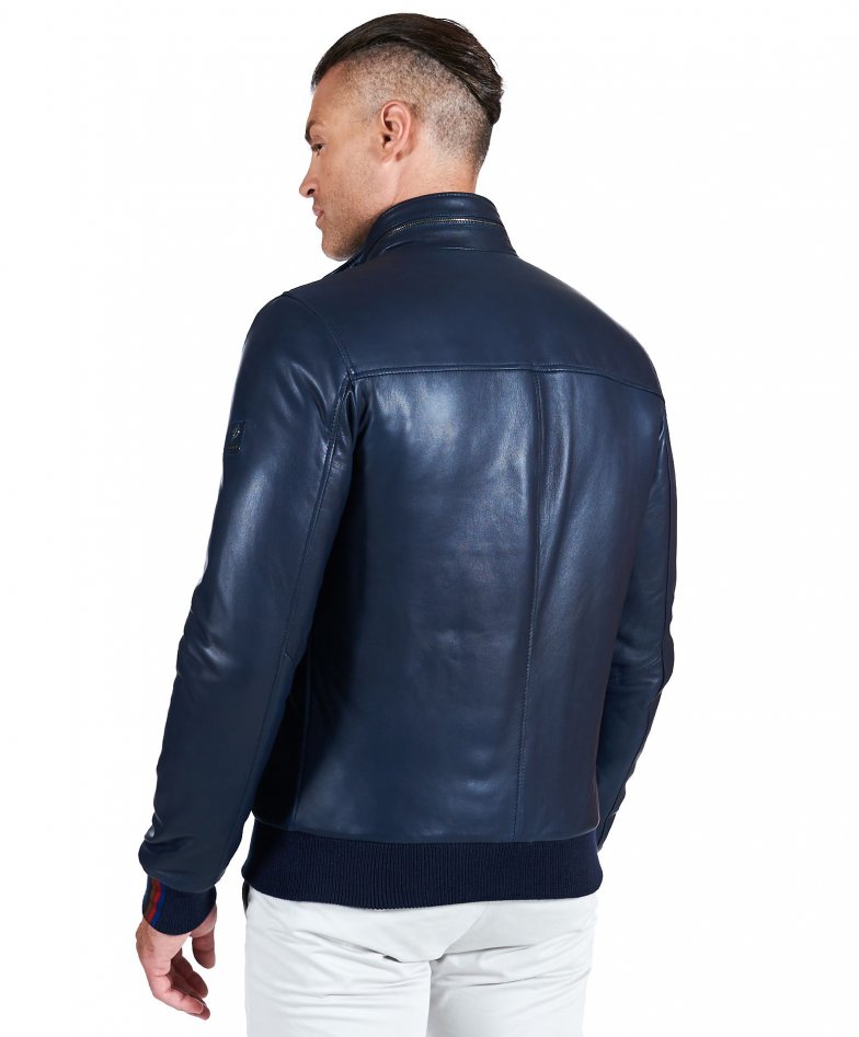 Roy - Blue padded leather bomber jacket korean collar with zipper