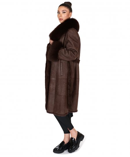 Dark nappa lapin fur coat with fox fur collar