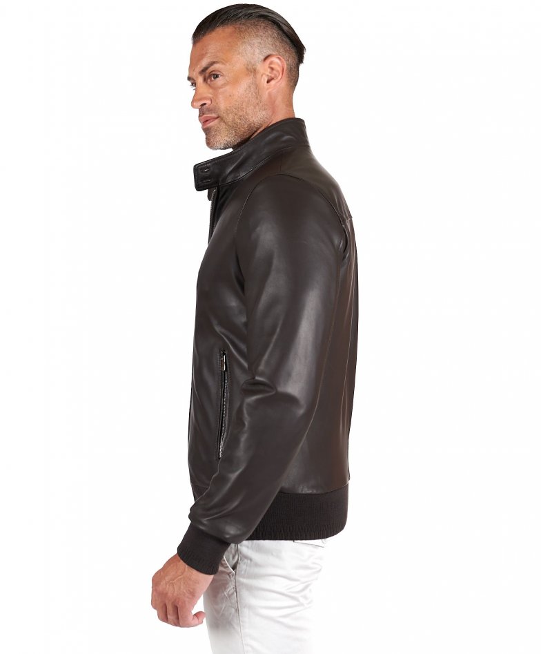 Andrea - Dark Brown natural leather bomber jacket korean collar with buttons
