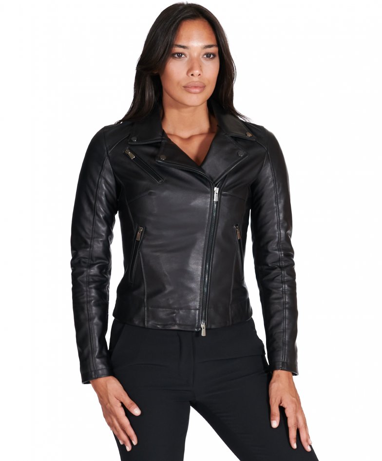 Women's Leather Jacket biker jacket collar cross zip black KBC