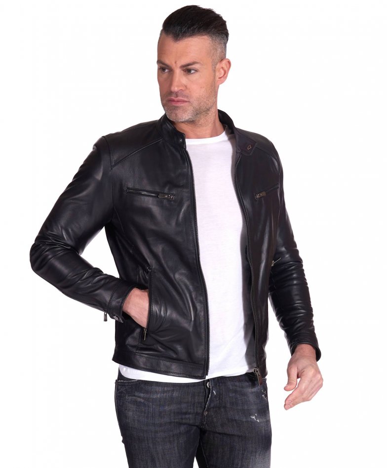 Hamilton - Black lamb leather biker jacket vintage aspect