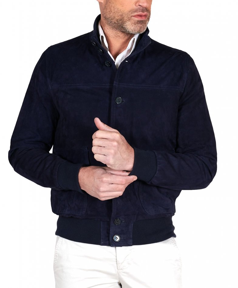 Alex Bottoni - Blue suede leather bomber jacket with buttons