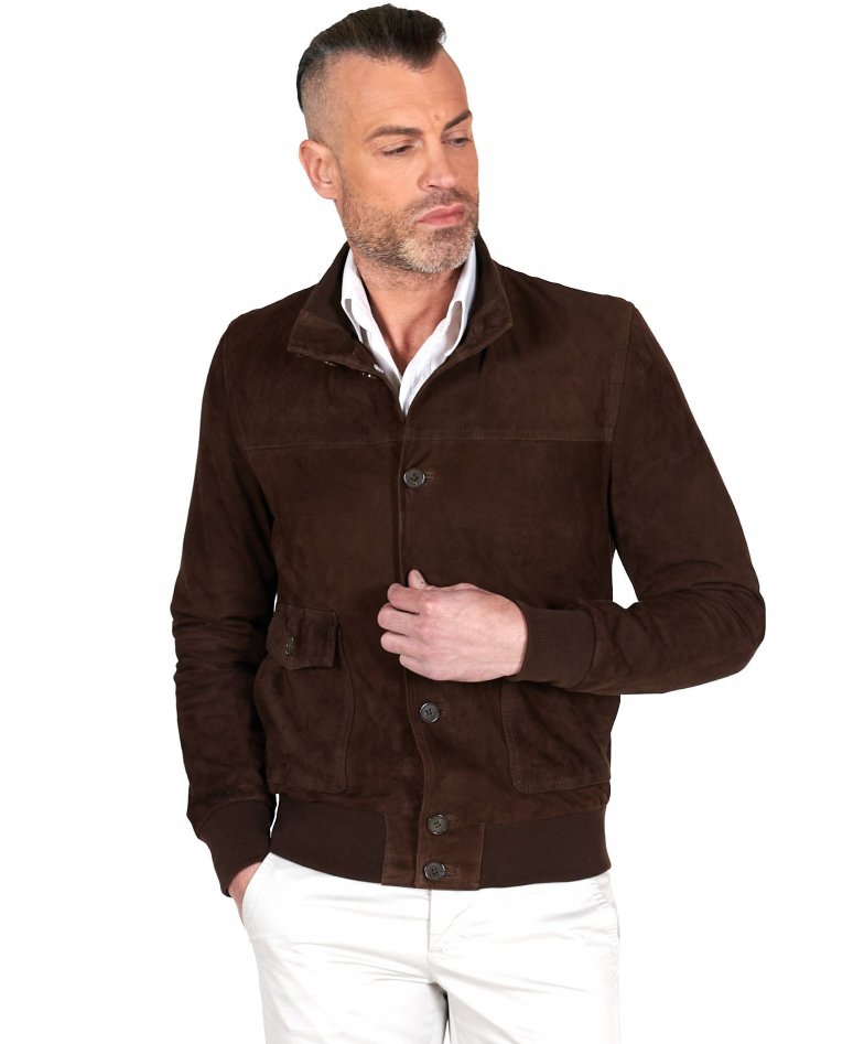 Alex Bottoni - Dark brown suede lamb leather bomber jacket with buttons