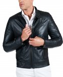 Giacca moto in pelle nera biker trapuntato spalle effetto liscio