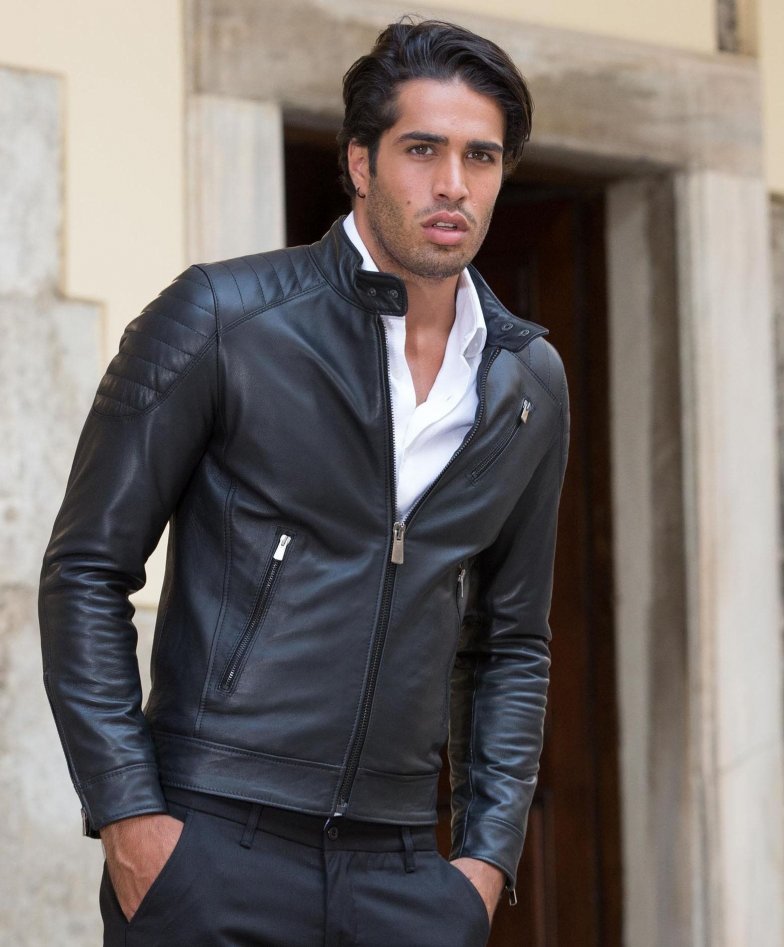 Men's Leather Jacket genuine soft leather biker mao collar quilted