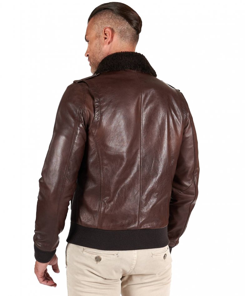 Man leather jacket vintage bomber shearling collar dark brown Alan