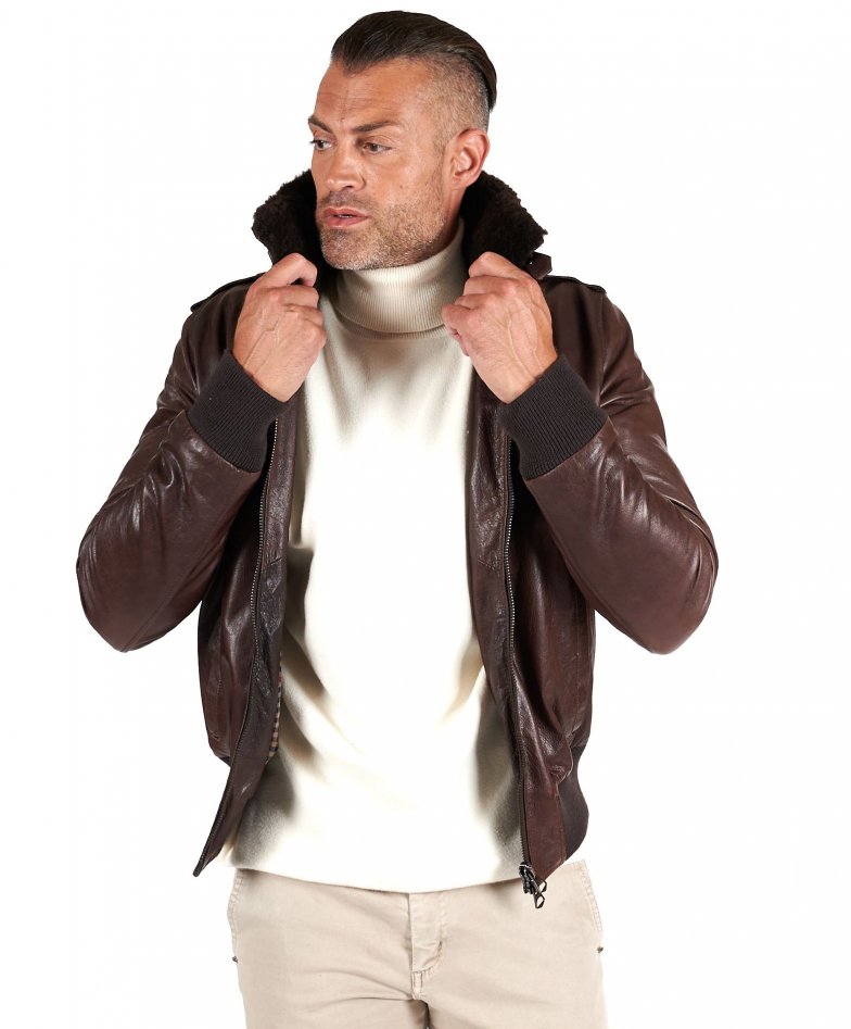 Alan - Dark brown leather bomber jacket vintage effect shearling collar