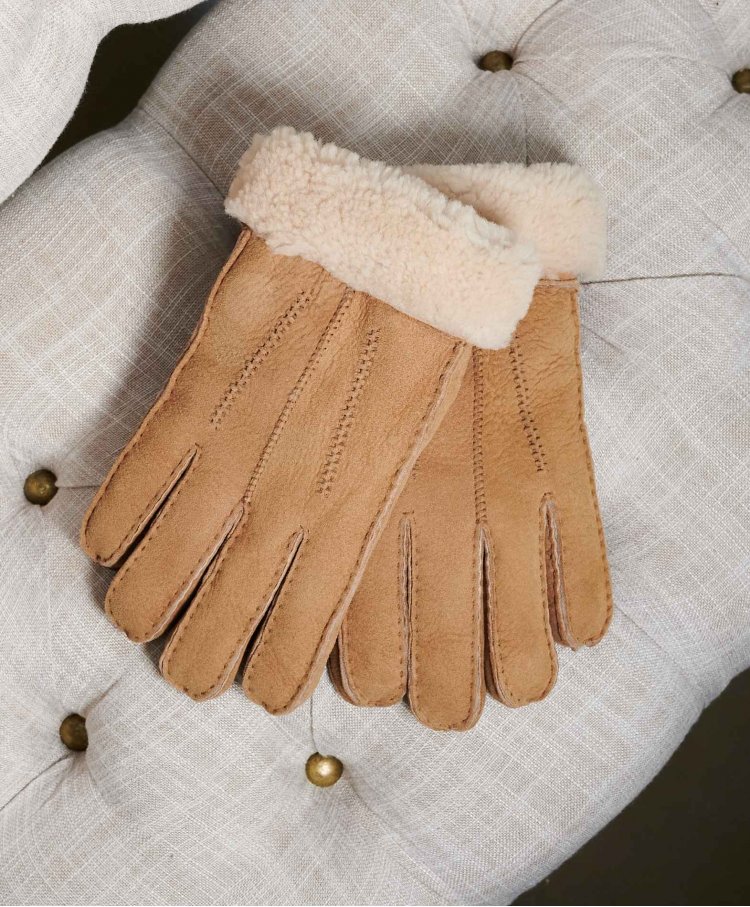 Men's tan shearling gloves with fold-down cuffs