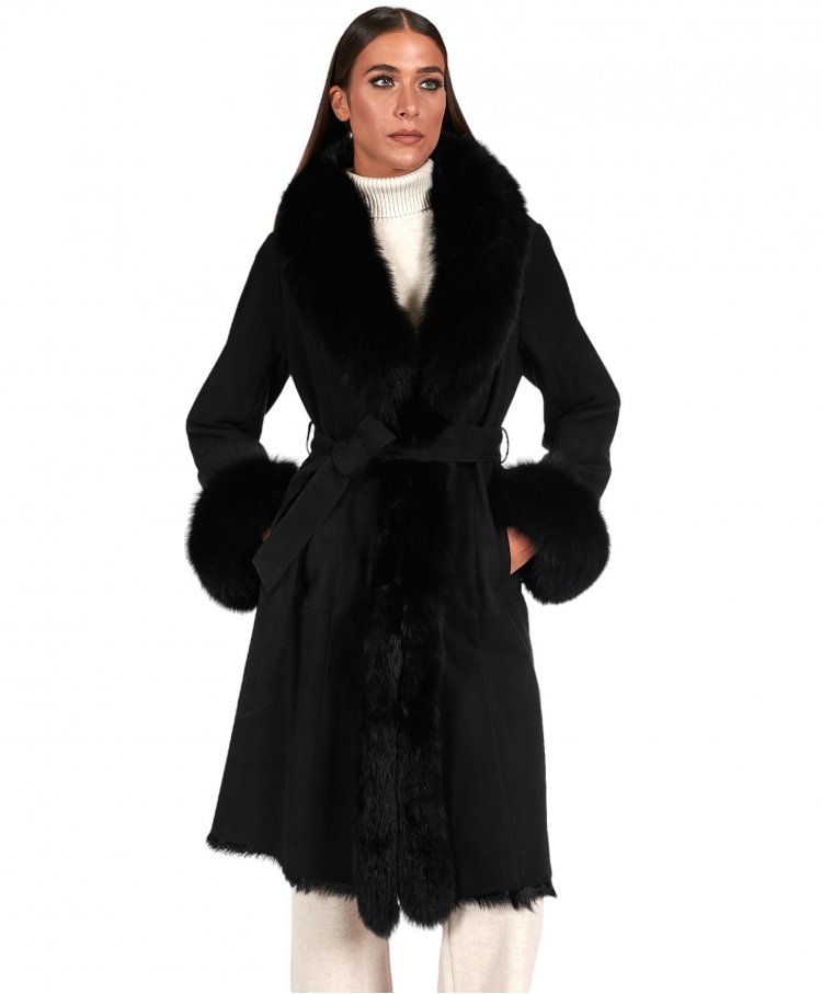 Black lamb shearling coat with fox fur edges