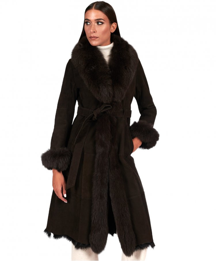 Dark Brown lamb shearling coat with fox fur edges
