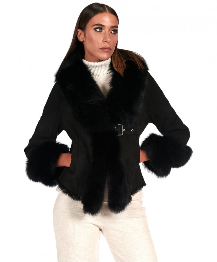 Black lamb shearling jacket with fox fur collar