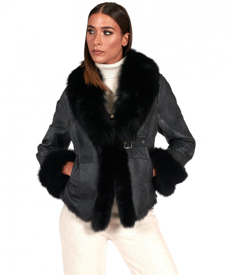 Black nappa lapin fur jacket with fox fur collar