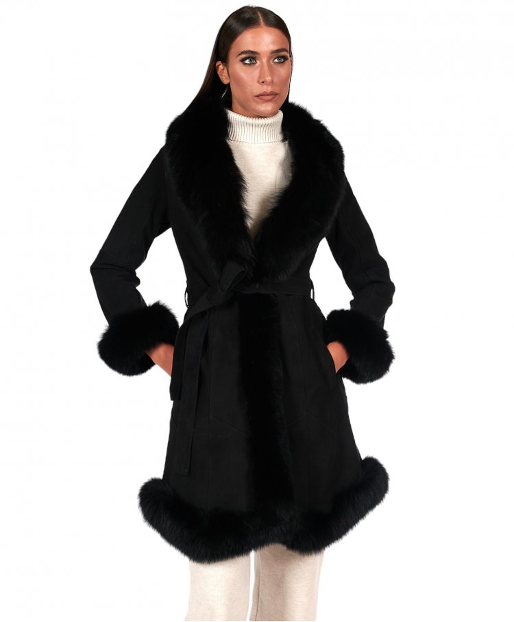Black lamb shearling coat with fox fur collar