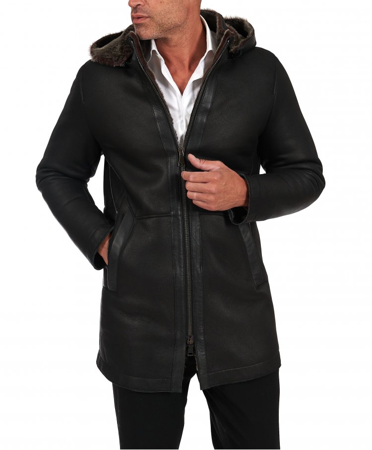 Black shearling lamb coat jacket with detachable hood