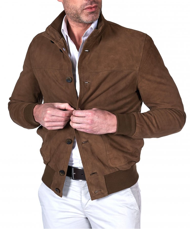 Taupe suede leather bomber jacket buttons and patch pockets