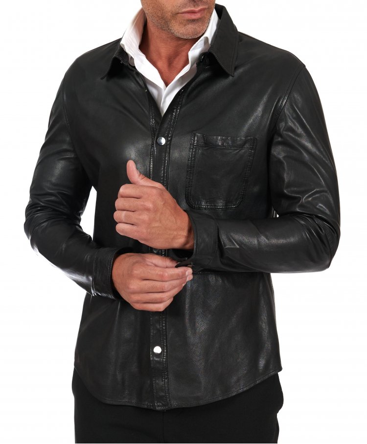 Black leather shirt unlined vintage effect