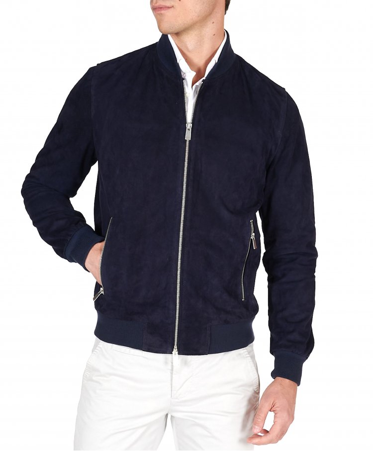 Blue suede leather bomber...