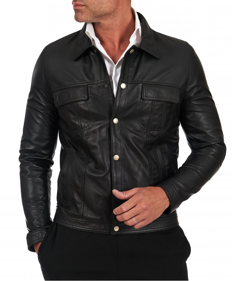 Black lamb leather biker jacket shirt collar and buttons