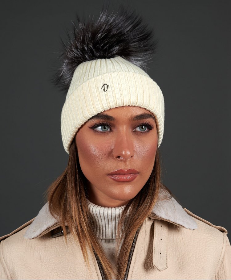 Cream beanie hat with black...