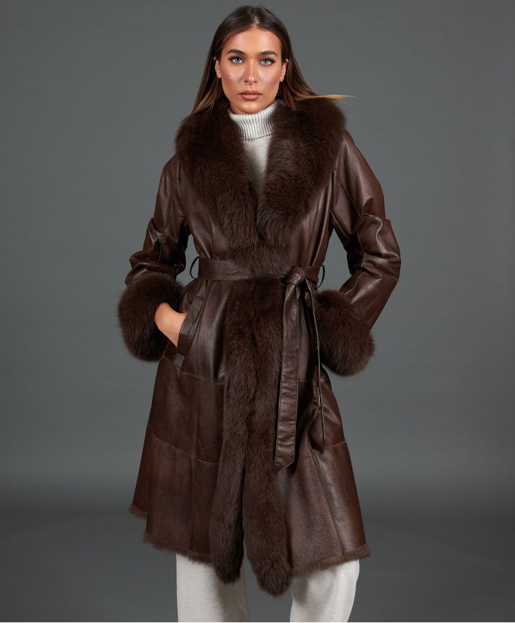 Dark nappa lapin fur coat with fox fur collar