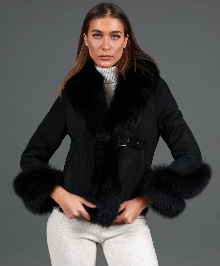 Black lamb shearling jacket with fox fur collar