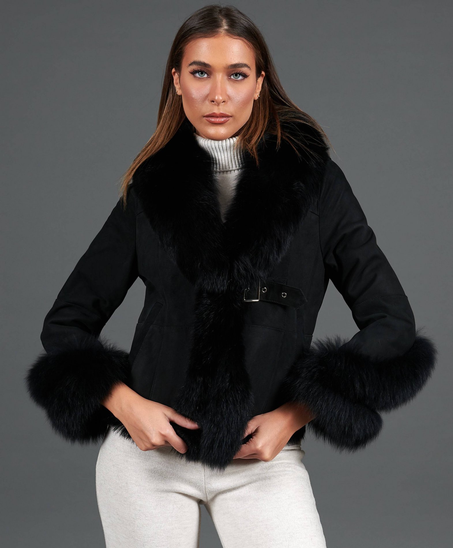 Black suede shearling jacket online