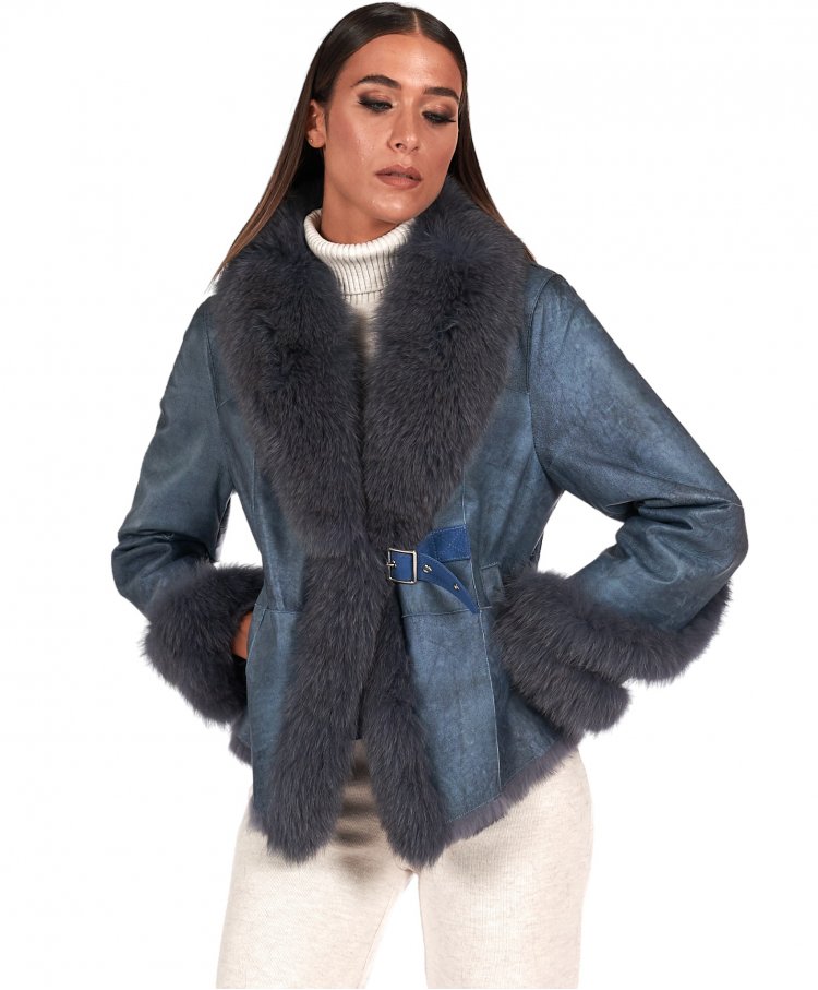 Grey lapin fur jacket with fox fur collar