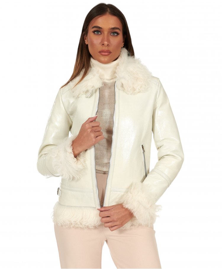 White shearling lamb biker...