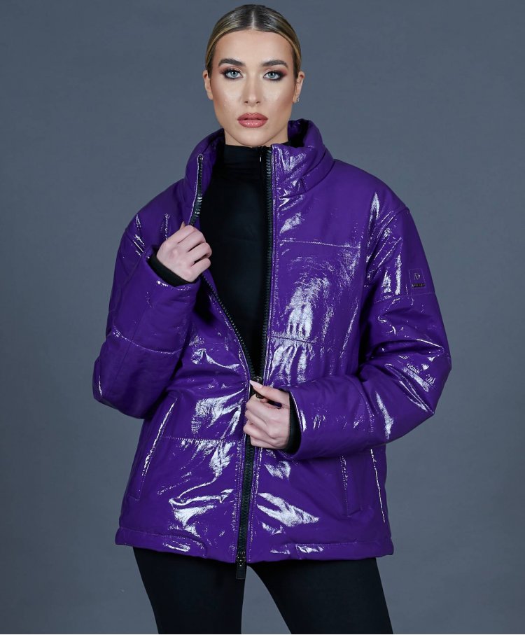 Violet puffer laminated leather jacket oversized version 