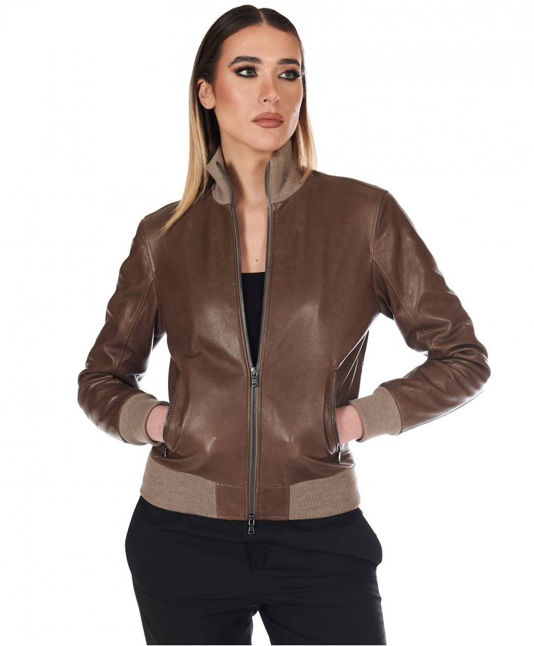 Taupe lamb leather bomber jacket vintage effect