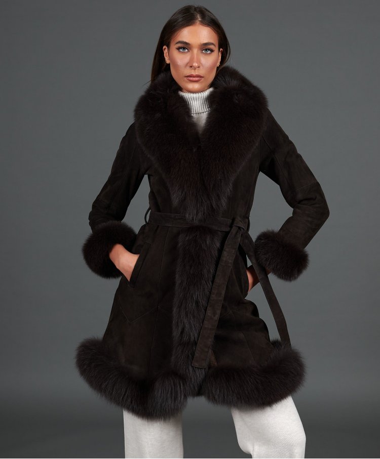 Dark brown lamb shearling coat with fox fur collar