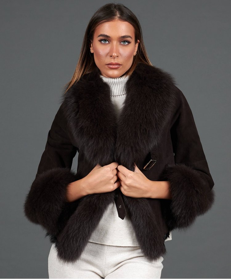 Dark brown lamb shearling jacket with fox fur collar