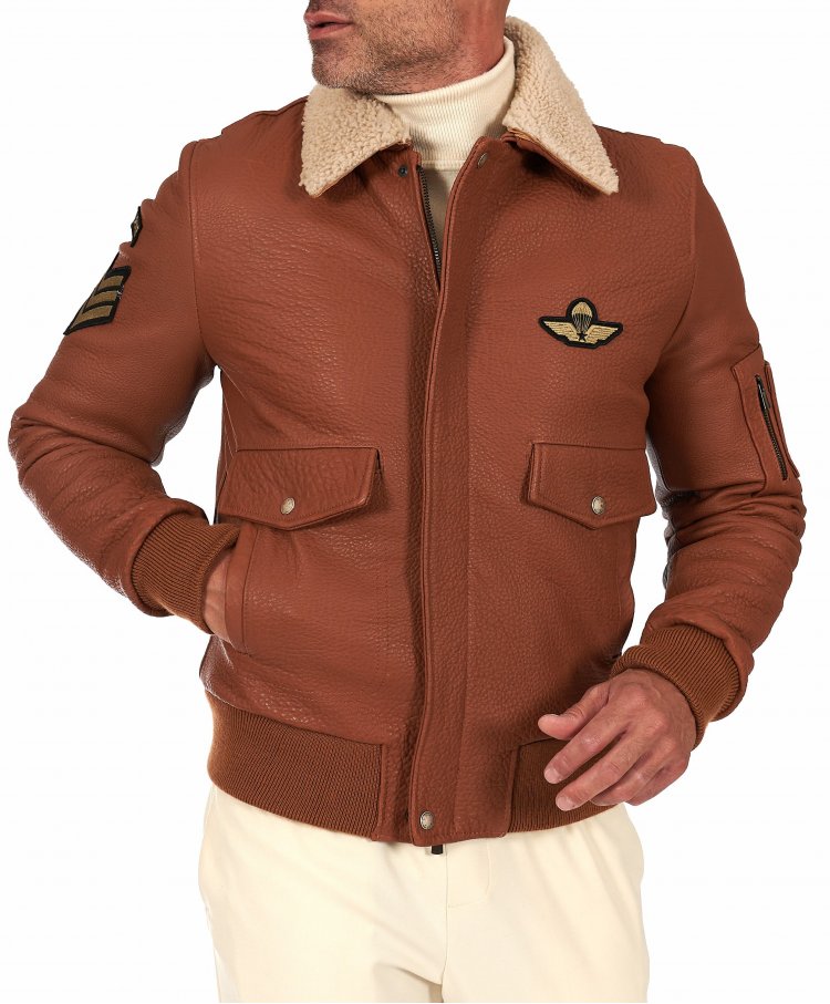 Tan wrinkled leather bomber...