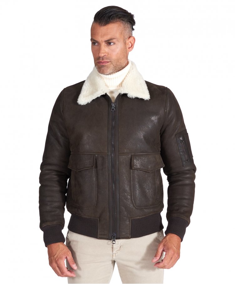 Dark brown shearling lamb bomber jacket shirt collar