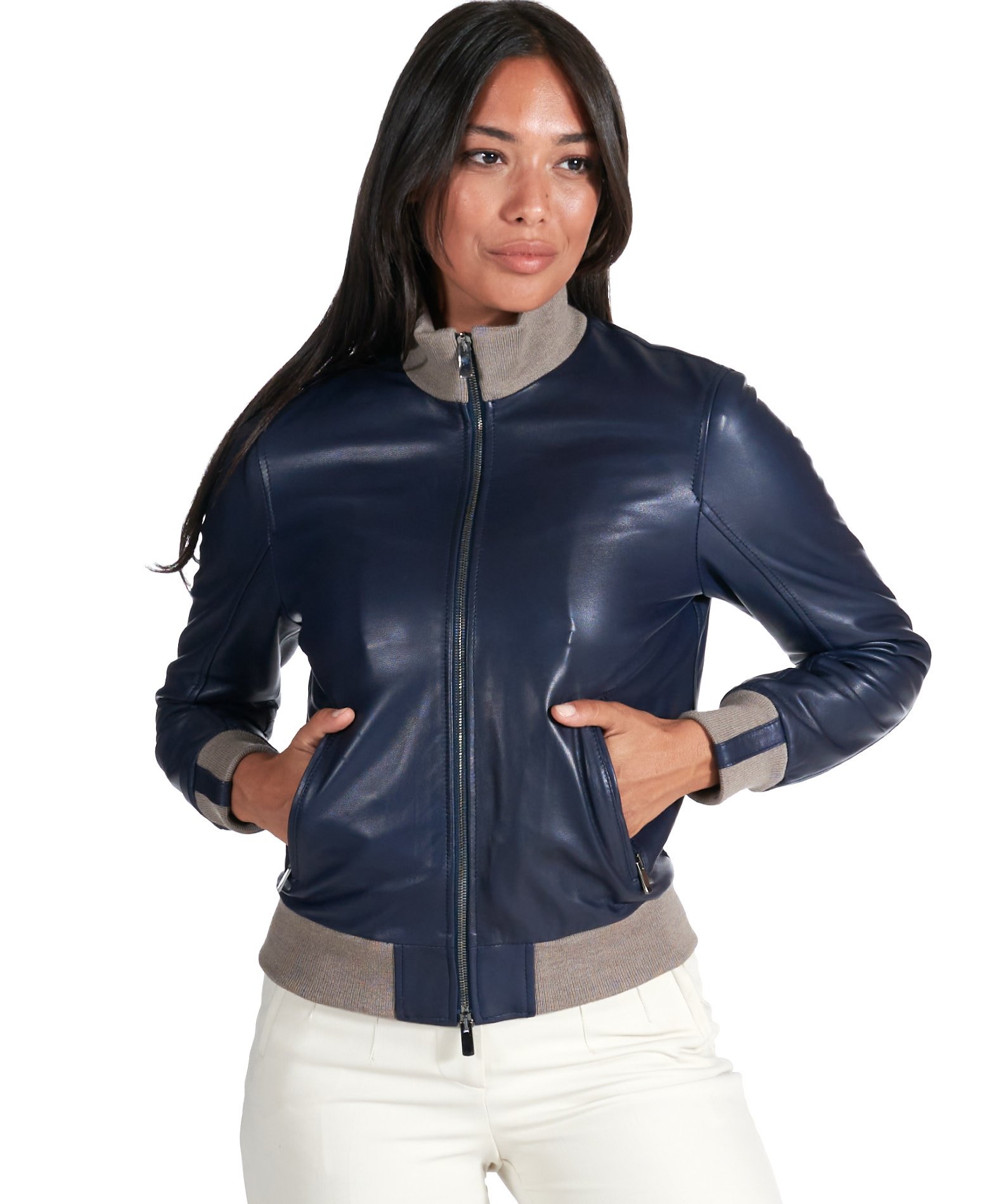 Navy leather jacket womens hotsell