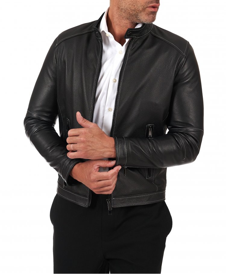 Black wrinkled leather jacket with contrasting stitching