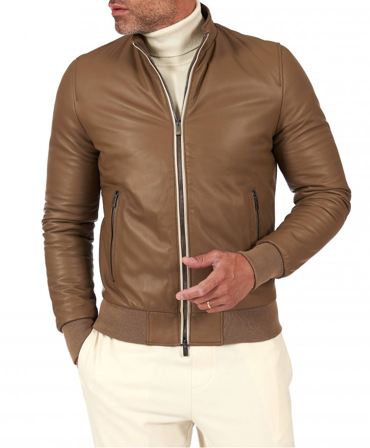 Taupe lamb leather bomber jacket with contrasting profiles