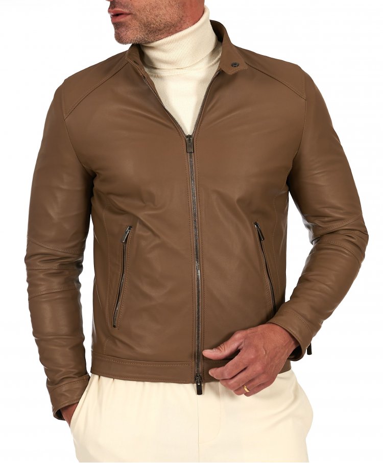 Taupe leather jacket with...