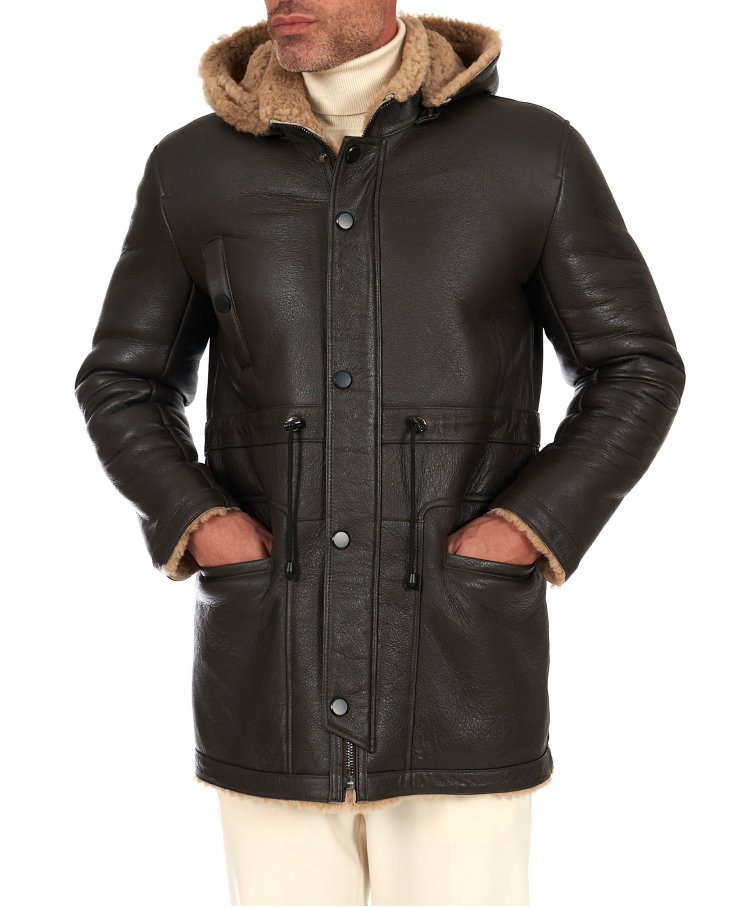 Shearling lamb coat in dark brown with detachable hood  