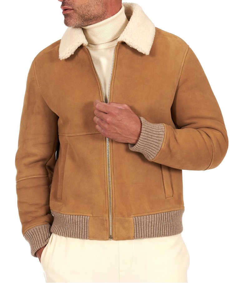 Beige suede shearling bomber jacket shirt collar