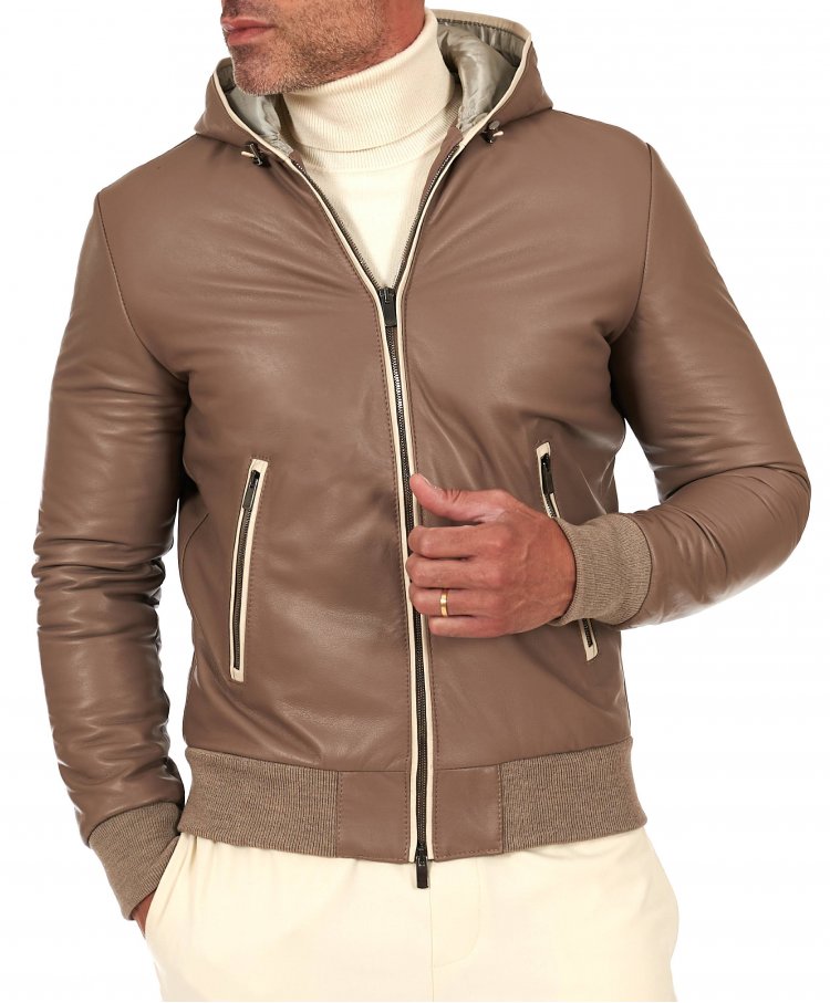 Taupe hooded leather bomber...