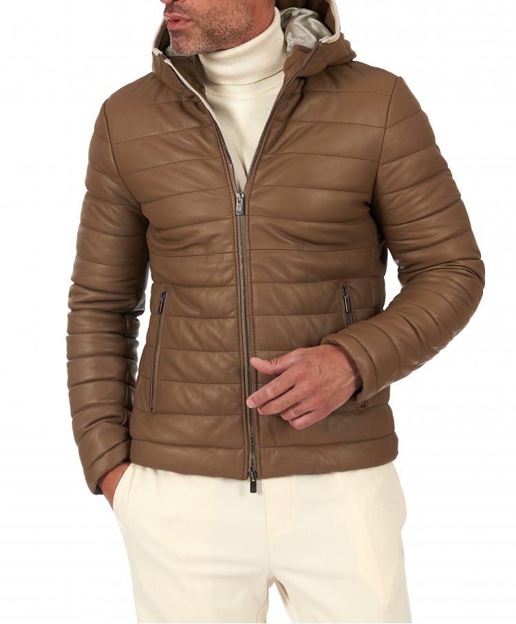 Taupe lamb leather puffer jacket contrasting edge on hood