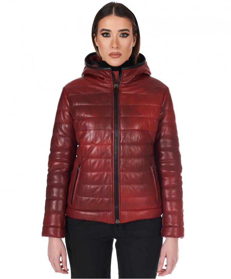 Cloudy red hooded nappa puffer leather jacket