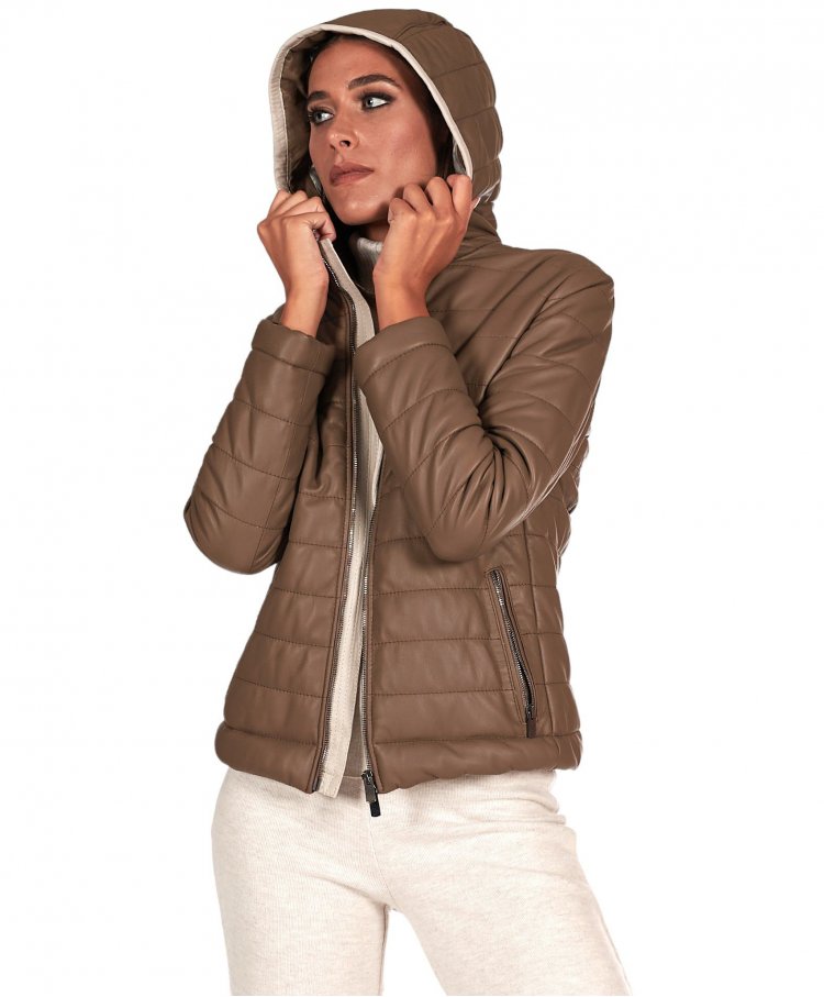 Taupe hooded puffer leather jacket cream colored edges