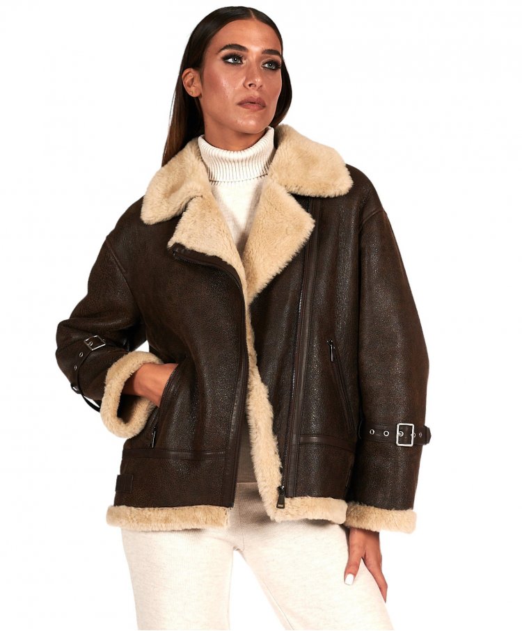 Dark brown shearling biker...