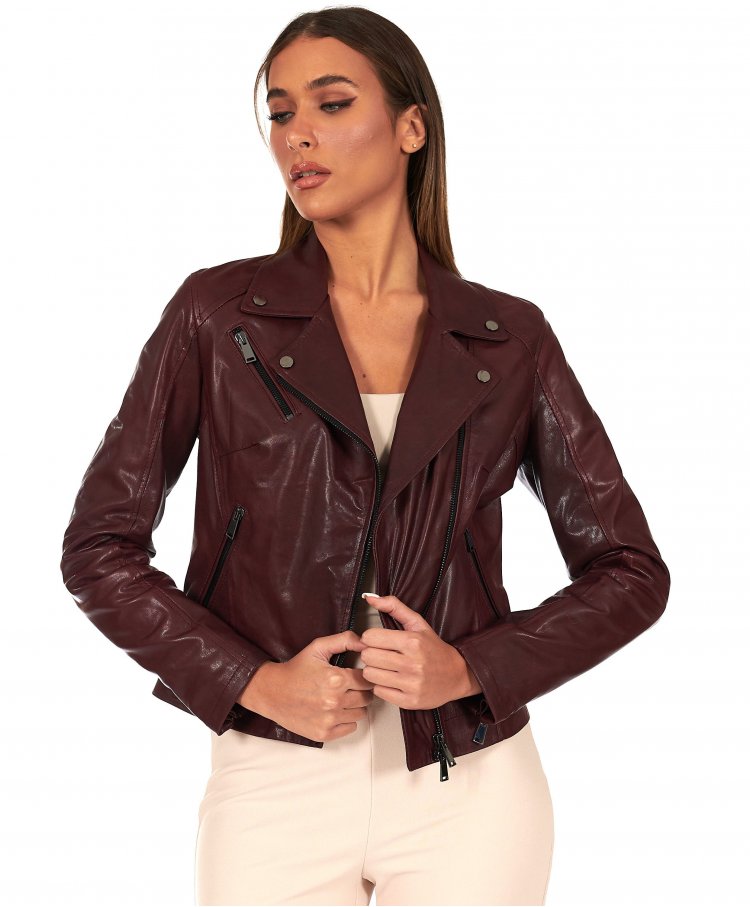 Bordeaux lamb leather biker...