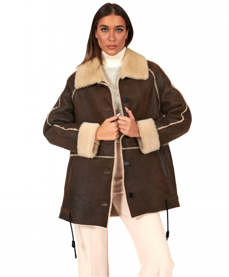 Brown shearling coat with buttons vintage effect